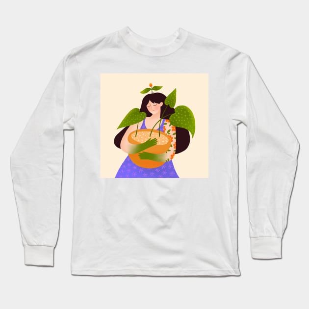 Cute girl nature lover with big green plant, version 1 Long Sleeve T-Shirt by iulistration